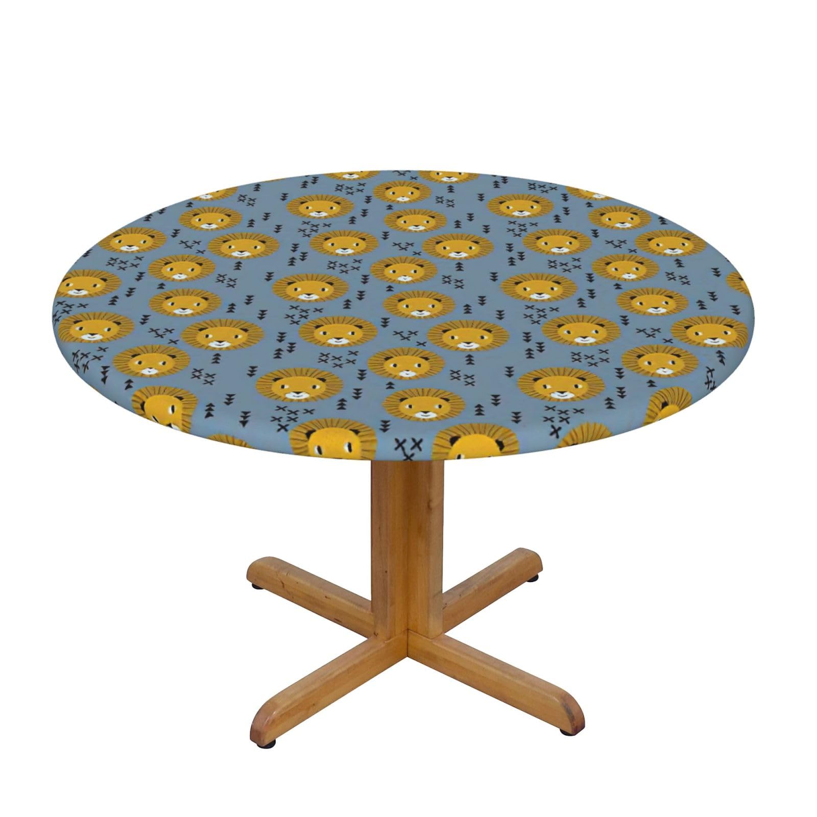 DUWAA Lion Lions Head Lion Kids Blue Print Oxford Fitted Table Cover For Patio Picnic, Waterproof Round Tablecloth For Home And Outdoor