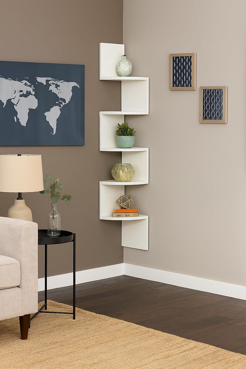 Modern Wall Mounted Corner Zigzag Shelf 5 Tier Wooden Floating Storage Rack for Living Room Bedroom Office Wall Decor Display Stand (White)-image-7