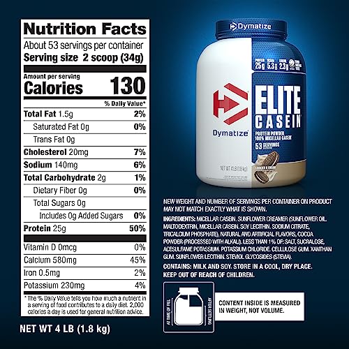 Image of Dymatize Elite Casein Protein Powder, Cookies & Cream, 100% Micellar Casein, 25g Protein, 5.4g BCAAs, 2.3g Leucine, Slow Absorbing for Overnight Muscle Recovery, 4 lb (53 Servings)