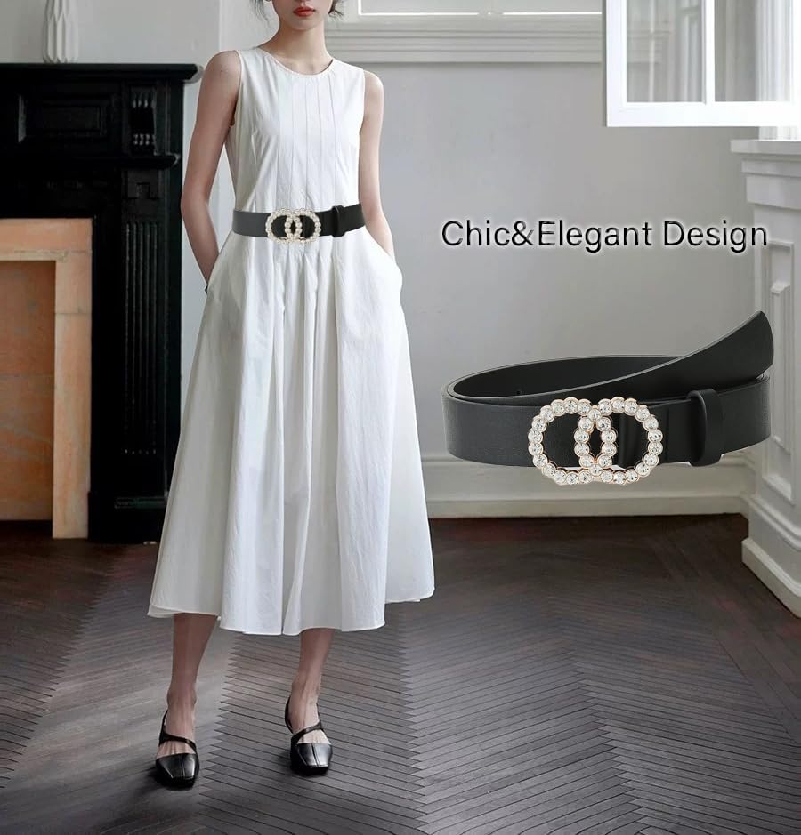 COTIM COYIN Women's Rhinestone circle Buckle Belt, Skinny Leather Belts for Jeans Dress Pants2