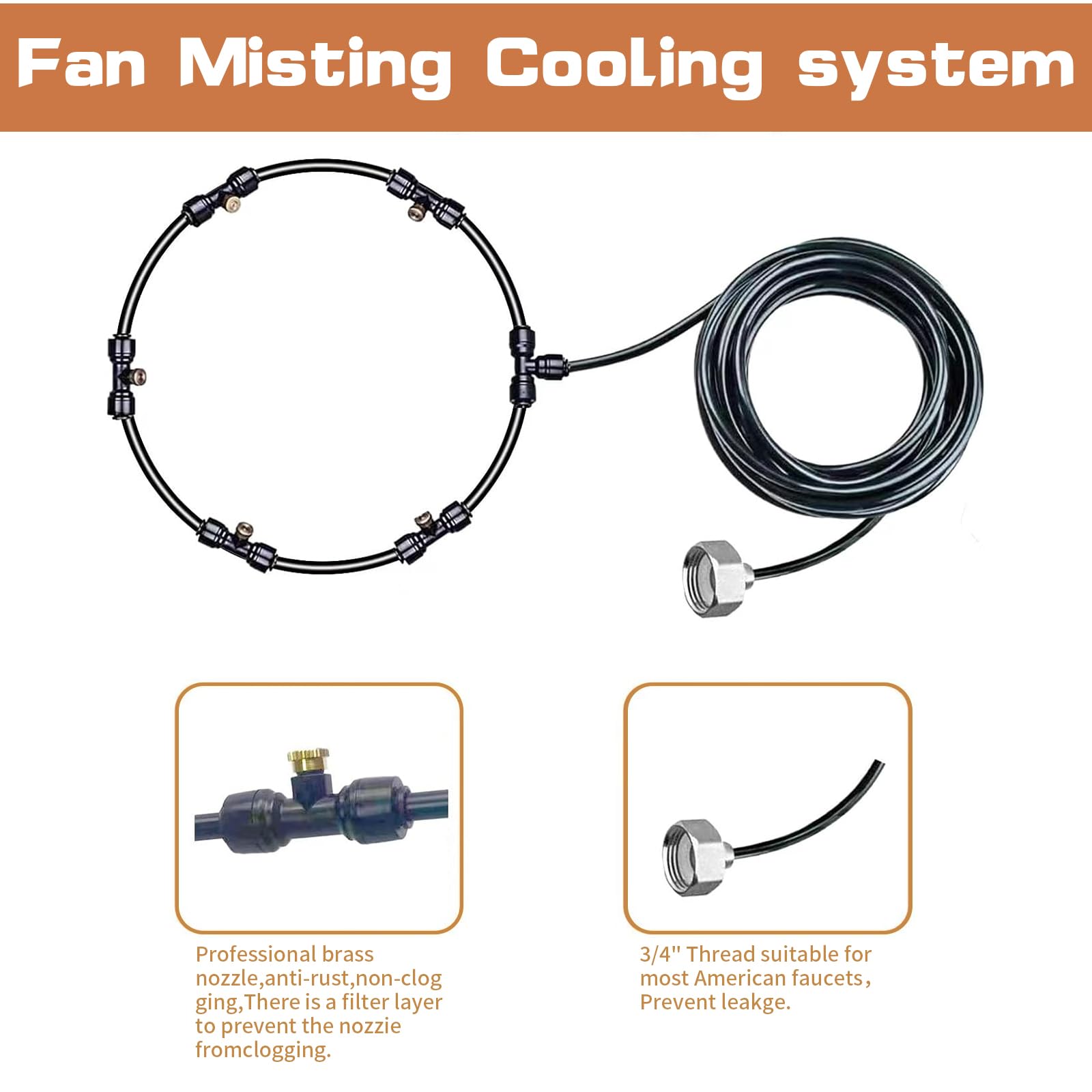 SOHEJU Outdoor spray fan kit, for cool courtyard breeze, outdoor cooling water mist spray, 26.3-foot (8-meter) spray line + 5 brass spray nozzles + brass adapter (3/4) suitable for any outdoor fan