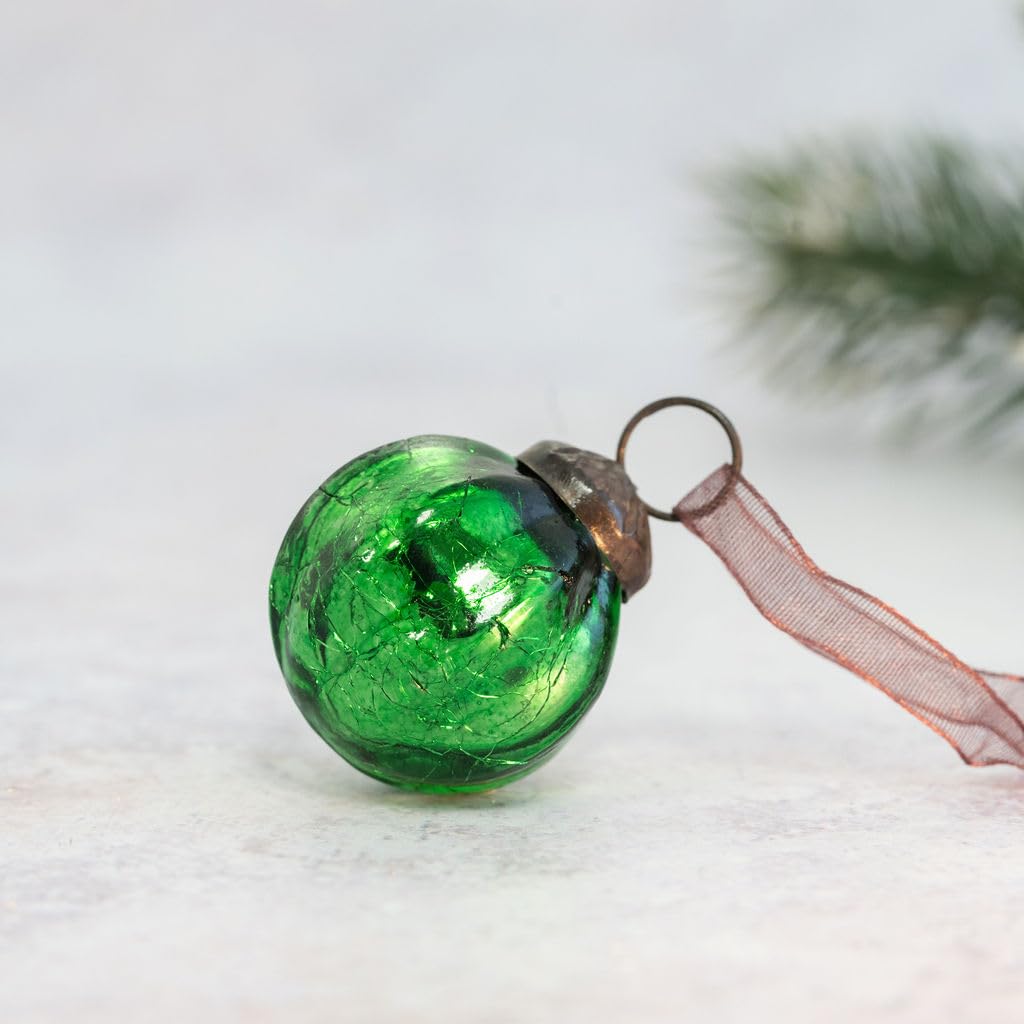 Arthur Cameron Emerald – Handmade, Mouth-Blown 1" Ribbed Glass Mini Baubles With Bronze Cap, Ribbon & Organza Bag – Elegant Small Christmas Baubles & Christmas Hanging Decorations (Emerald)