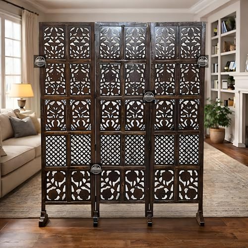 Image of Wooden Room Divider Screen, Carved,Decorative Handcrafted Privacy Screen Separator Wall Divider | Folding Partition with Floral & Jaali Design (Brown, 3 Panel)
