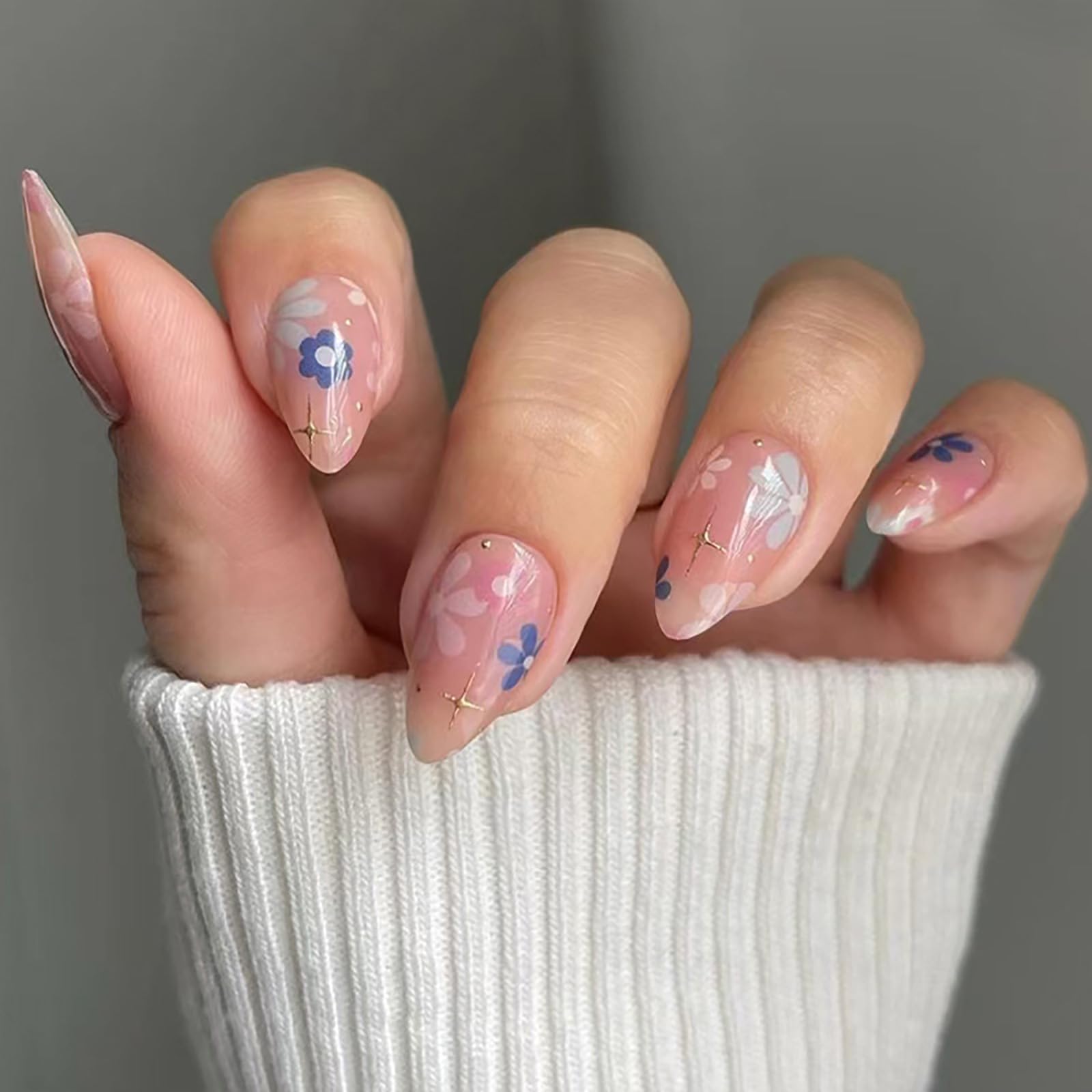 Flower Press on Nails Short Almond Fake Nails with Colorful Flower Designs Nude False Nails Press ons Glossy Glue on Nails Light Pink Stick on Nails