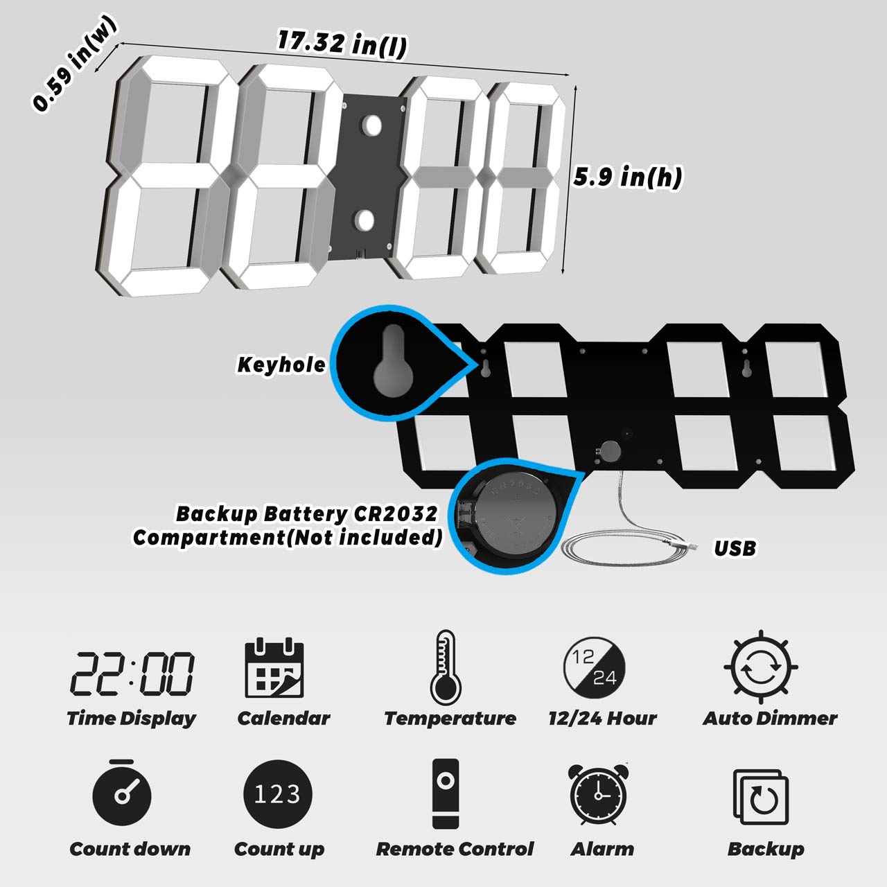 CHKOSDA Digital Clock, 3d Led Wall Clock with 6" Number, Count Up