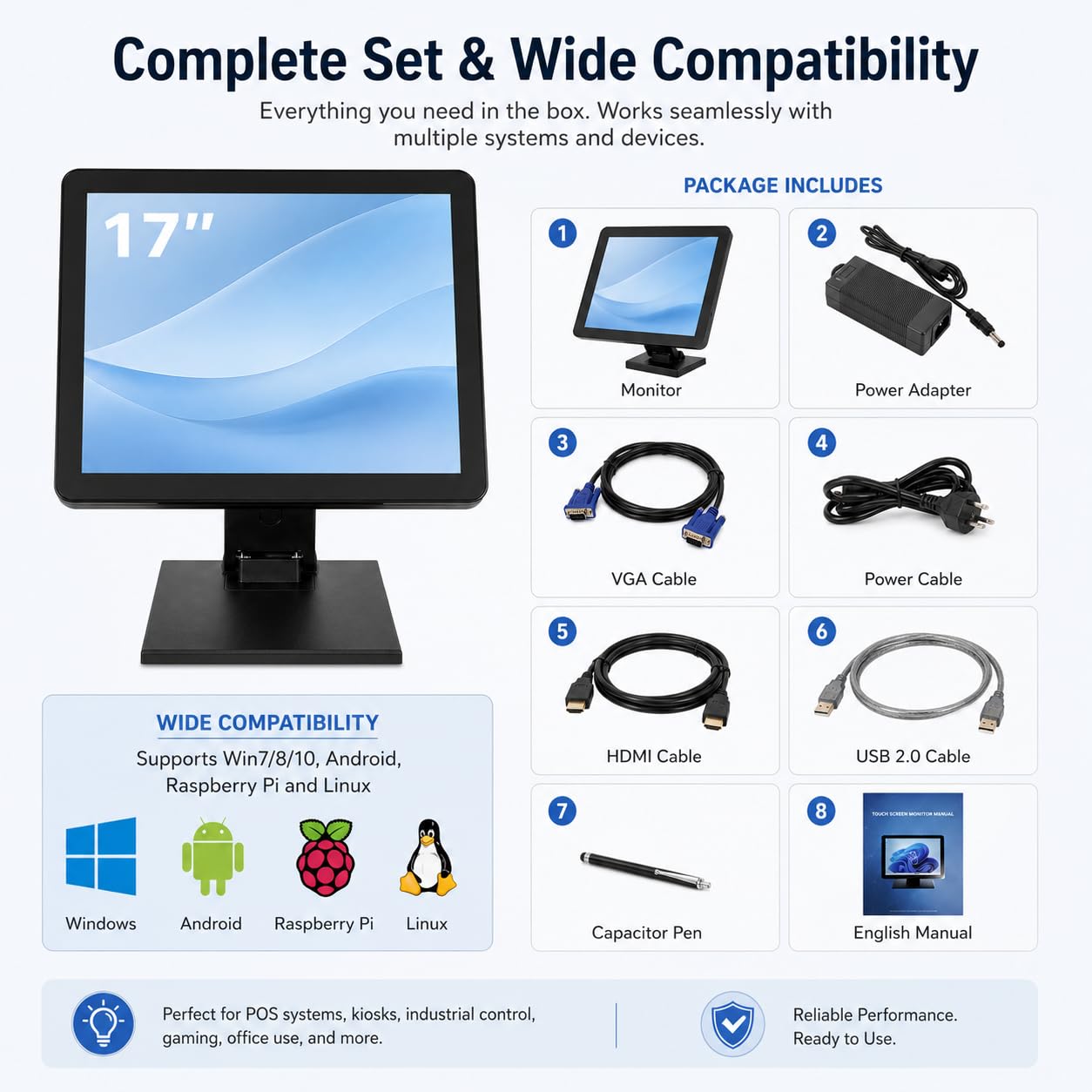 SHZICMY 17" LCD Touchscreen Monitor POS Kassenmonitor | Touch Screen HDMI VGA 1280×1024 Kassen-Monitor für PC POS Kasse Restaurant Bar Coffee Store