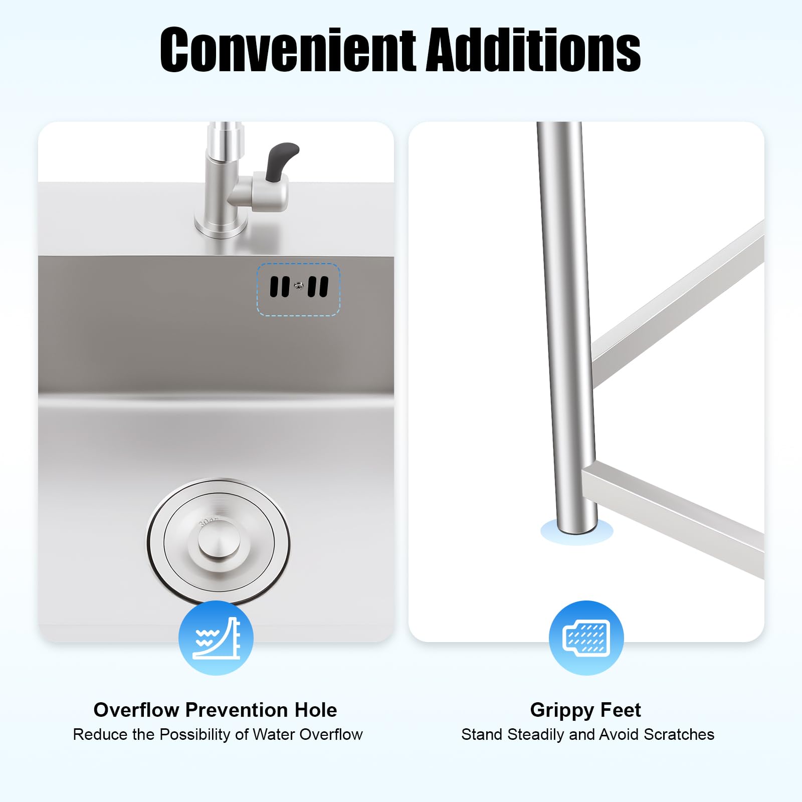 Évier de cuisine en acier inoxydable - 1 bac - Évier commercial avec robinet - Pour extérieur, intérieur, cuisine, restaurant, bar