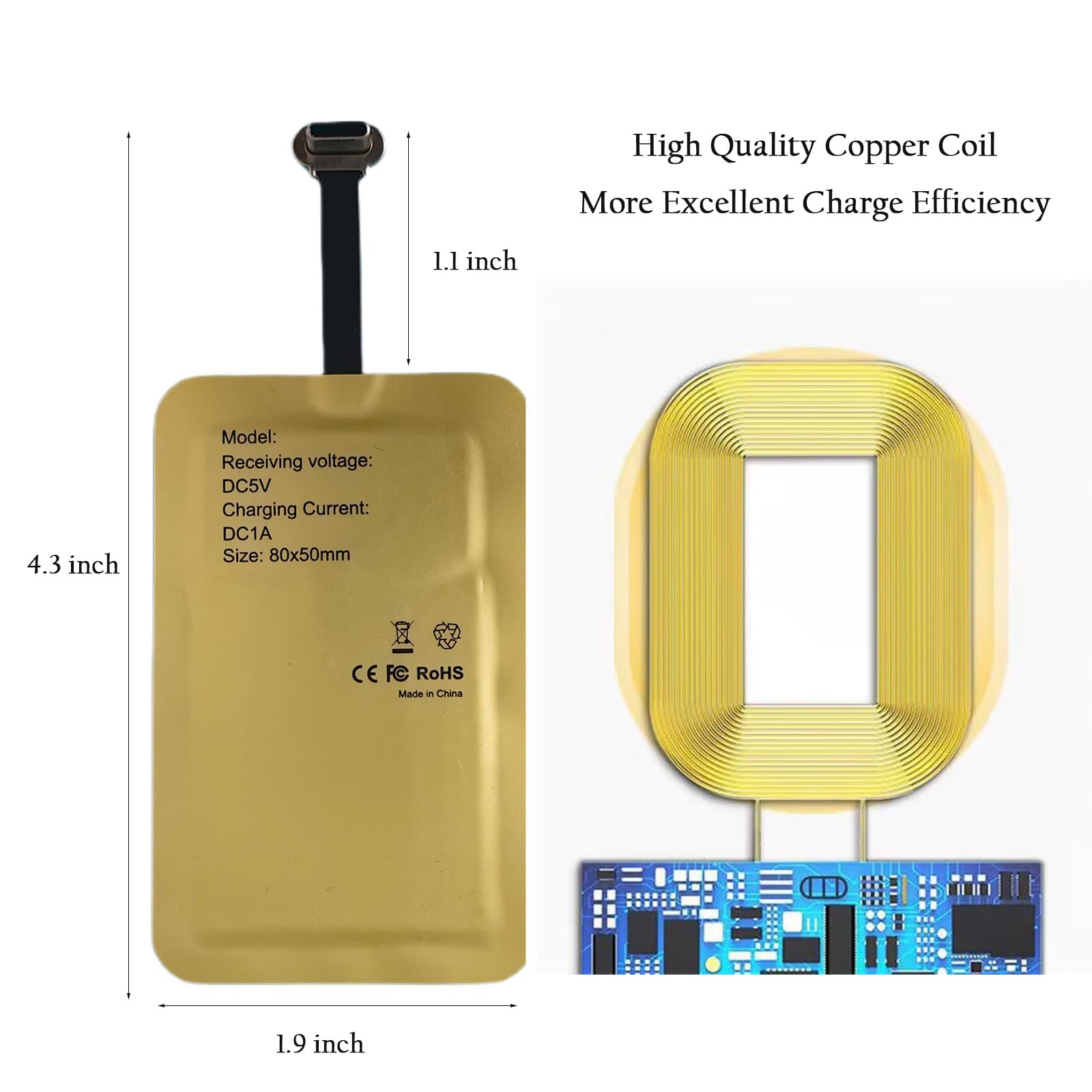 XYX Type C Qi Wireless Charger Receiver Charging Adapter Compatible with Samsung Motorola Google Honor Oppo Nokia All Android Device Type-C,Gold