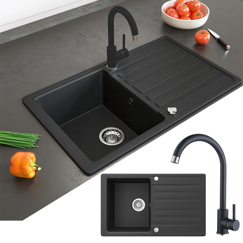 Bergström Lavello, Nero, 76.5 x 46 cm con raccordo nero, installabile su entrambi i lati con pratico gocciolatoio