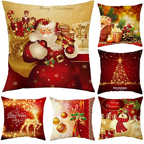6 Stück Weihnachten Kissenbezug, Rot und Gold Weihnachte Deko Kissenbezüge, Weihnachten Schneemann Rentier Weihnachtsmann Kissenbezug für Sofa Deko Weihnachten, 45 x 45cm Cover