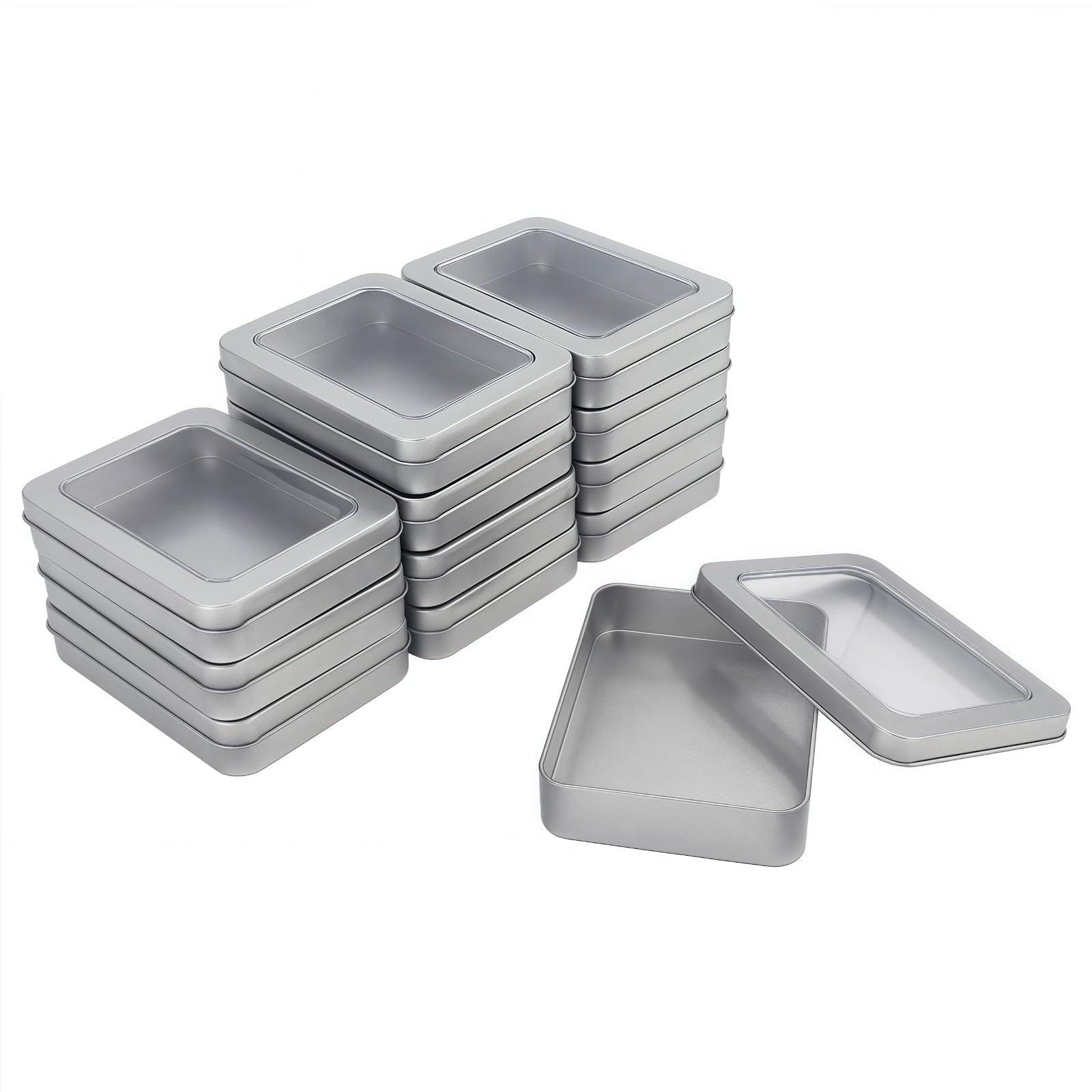Goodma 12 Pieces Rectangular Empty Metal Tins Home Storage Containers Organizer Mini Box with Clear Window Lid, 4.5 x 3.35 x 0.87 inch (Silver)