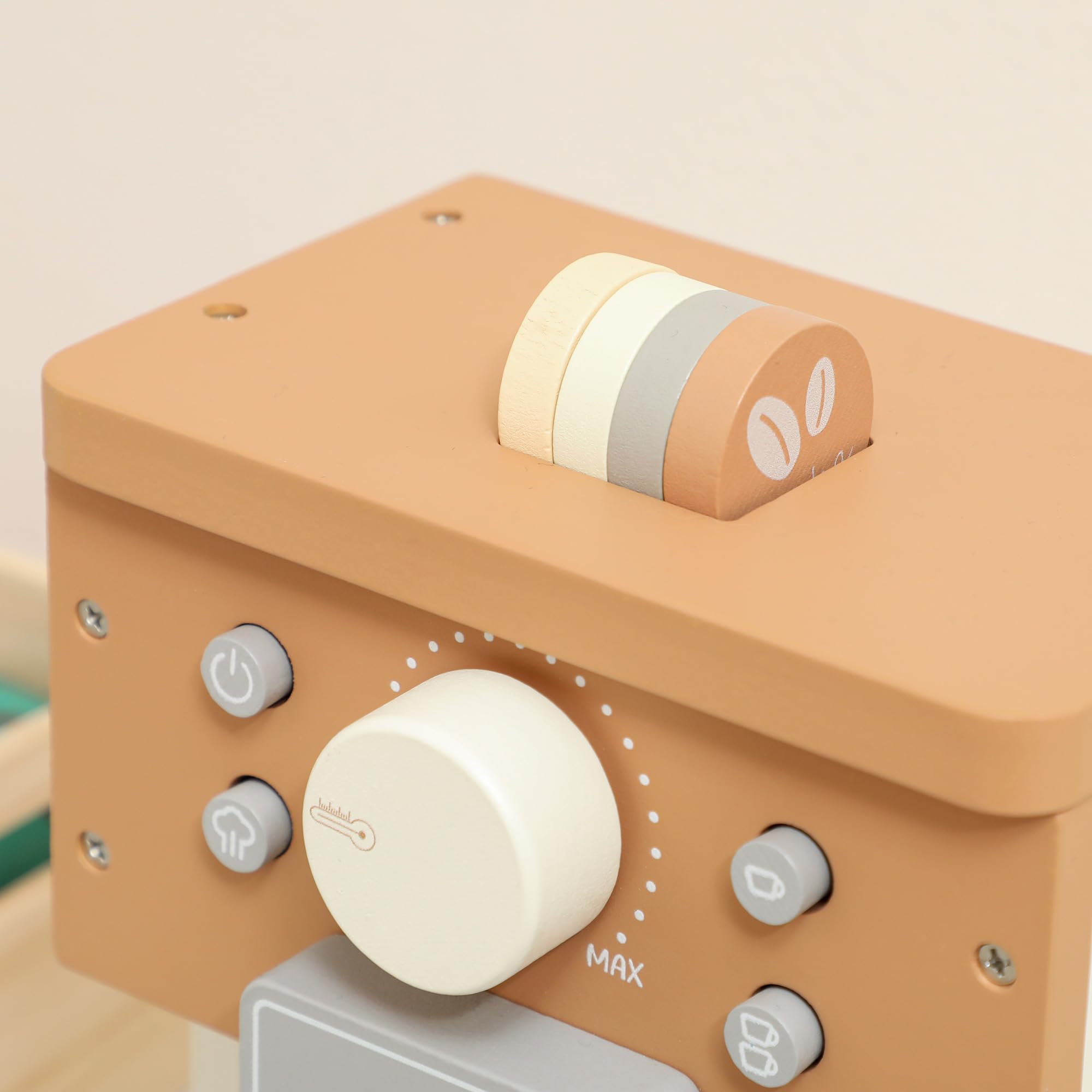 AIYAPLAY Set Macchina del Caffè Giocattolo in Legno, Gioco in Legno per Bambini da 3 Anni in Su con Pulsanti e Accessori, Marrone