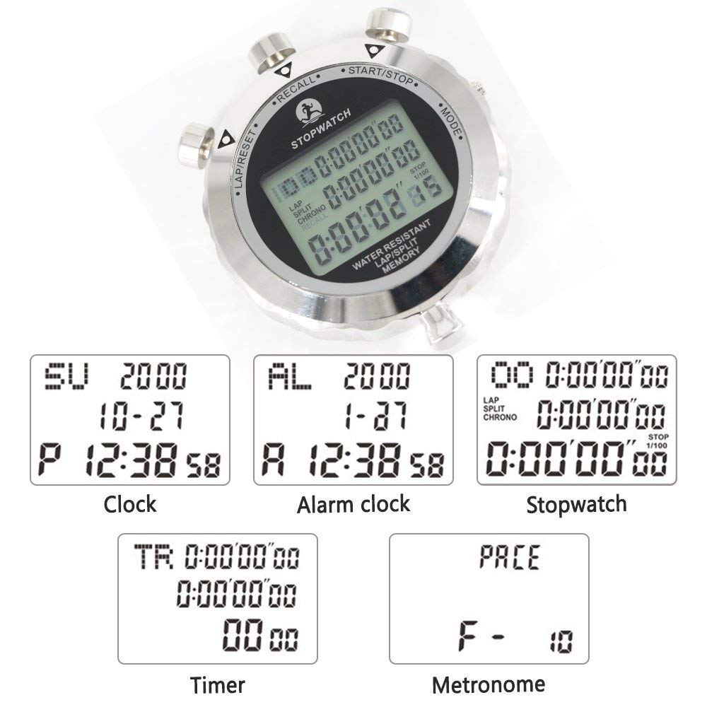 LAOPAO Metalowy stoper, 1/100 sekundy, 100 pamięci, wodoodporny elektroniczny chronograf na co dzień, do piłki nożnej, baseballu, sportów na świeżym powietrzu