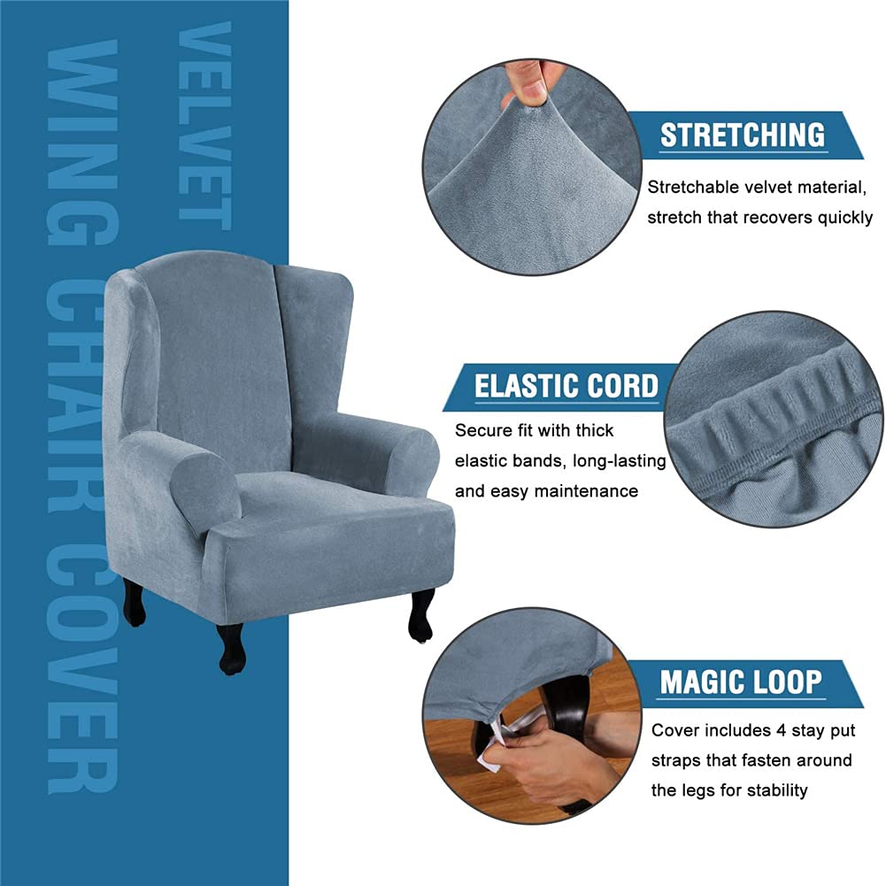 Funda De Sillón Orejero Elástica, Lujo Suave Terciopelo Funda De Sillón Lavable Funda De Sillón para Orejero para Sala De Estar Sofa (Gris Azul)