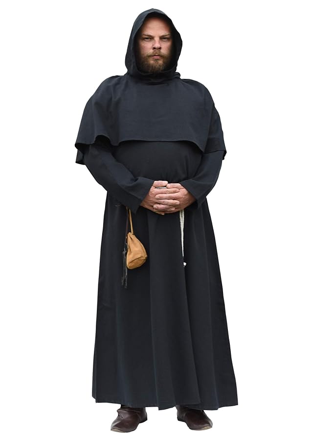 Battle-Merchant Monk Robe Benedikt Hooded Cloak Medieval Priest or Friar Costume LARP Cosplay Coat Black or Brown