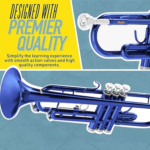 Mendini By Cecilio Bb Standard Trumpet Set for Beginners - Brass Trumpet Instrument with Hard Case, 7C Mouthpiece, Valve Oil, Cleaning Cloth, Gloves (Blue) - Thumbnail 2