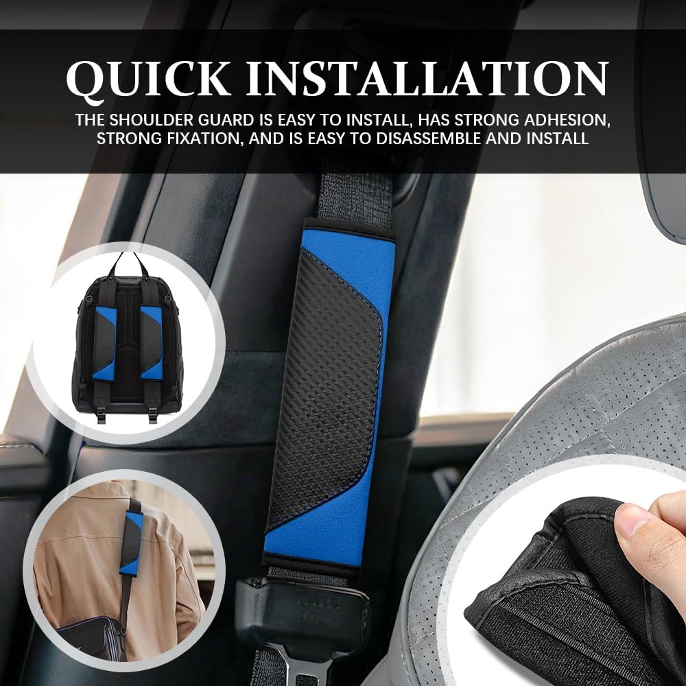 2PCS Car Seat Belt Covers, Leather and Carbon Fiber Spliced Seat Belt Shoulder Guard, Breathable Soft Seat Belt Shoulder Pads, Universal Car Accessories for Most Cars Trucks SUVs (Blue)
