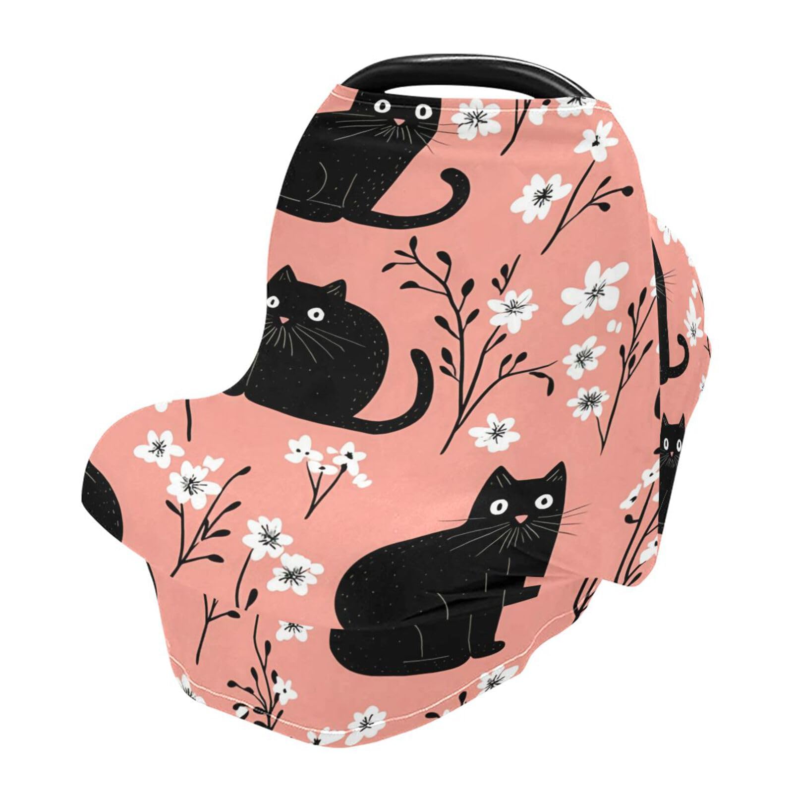 BOESI Baby Car Seat Cover, Breathable Nursing Cover, Soft and Comfortable, Multi-Purpose, for Boys and Girls, Doodle Black Cat and Flower