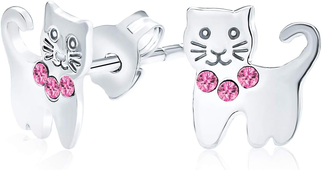 Mini Petite Pink Crystal Jeweled Collar Kitty Kitten Animal Pet Cat Stud Earrings For Teen Women .925 Sterling Silver