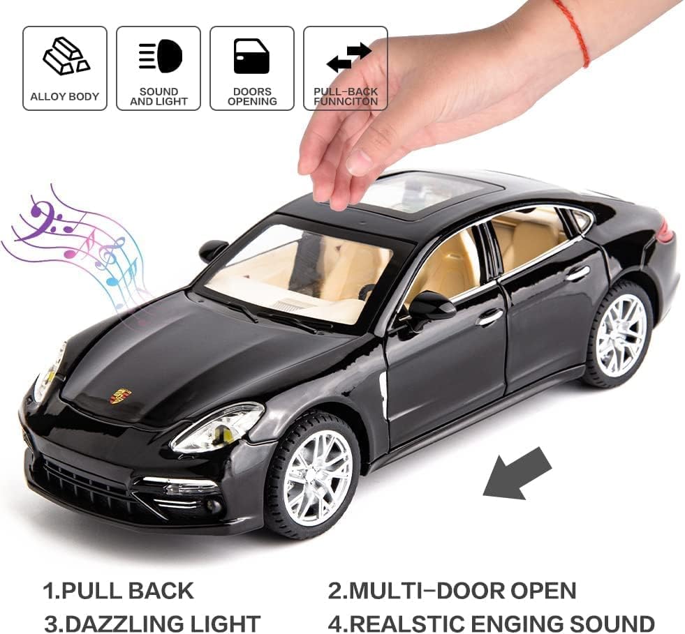Image of PEZYOX 1:24 Porsche Panamera Diecast Metal Pullback Openable Doors Toy Cars with Flashing Light and Musical Sound for Gifts Toys for Kid (Black)