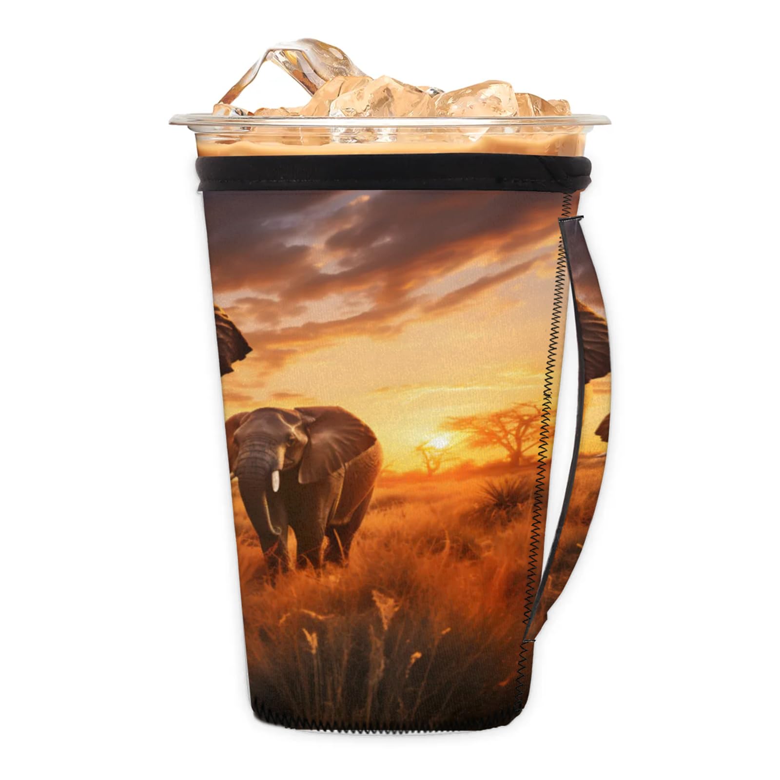 Calendar Walking Elephants Reusable Neoprene Coffee Sleeve with Handle Insulated Iced Coffee Cup Holder Reduces Condensation Fits 24-28 oz Cups M