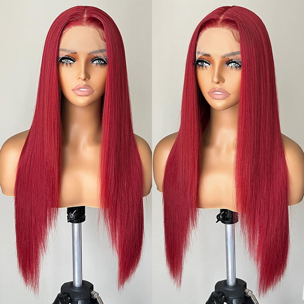 FABLLE Red Lace Front Wig - Long Straight, Pre Plucked with Baby Hair, Glueless, 26 Inch, Rose Red