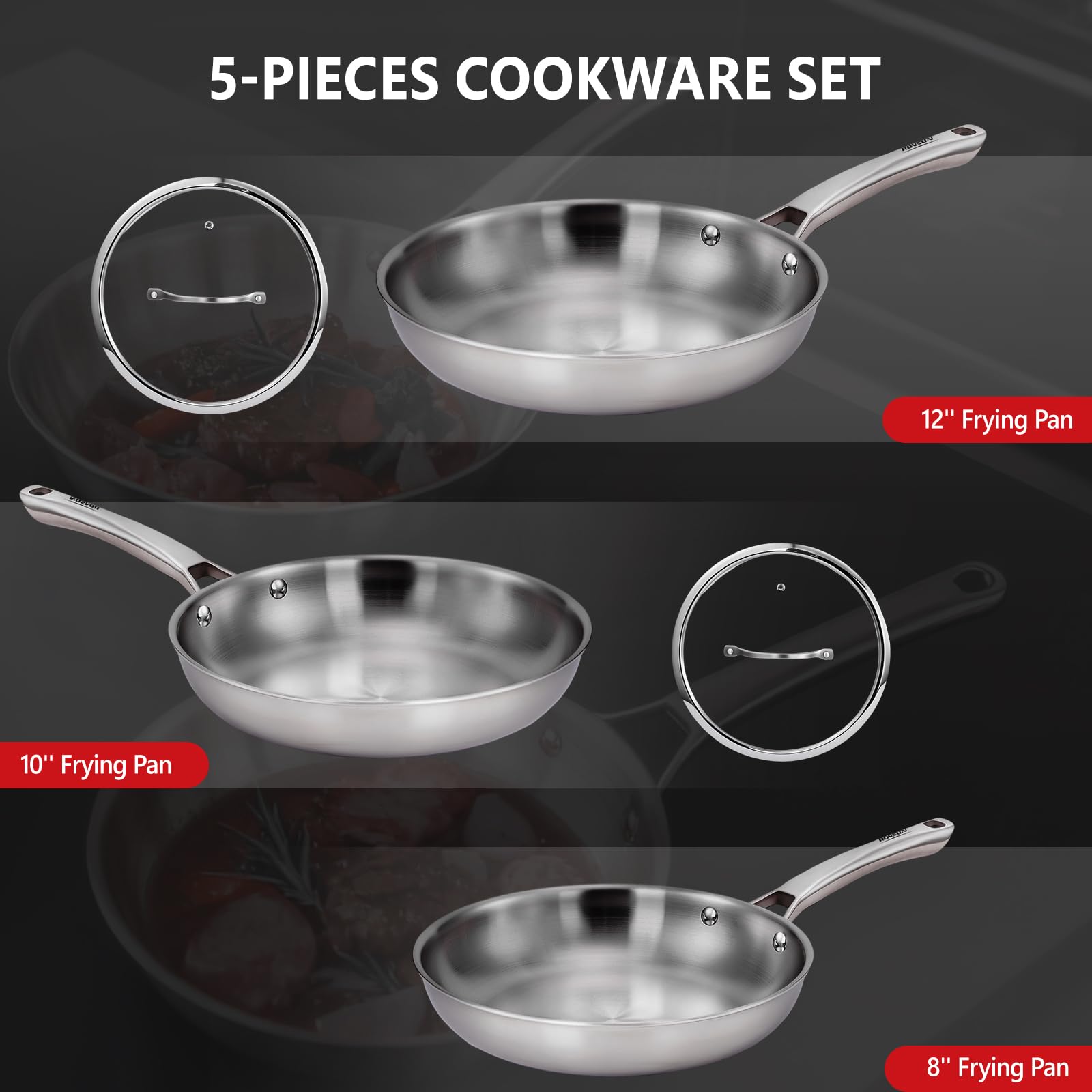 ROVSUN Batería de Cocina 5 Piezas, Juego de Sartenes de Acero Inoxidable, Ø20/24/28 cm, Antiadherente y Fácil de Limpiar, 3 Sartenes con 2 Tapas