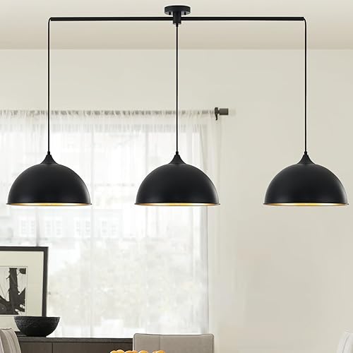 Miniatura 1 de Luces colgantes para isla de cocina, paquete de 3 lámparas colgantes de cúpula con acabado negro y dorado, lámpara colgante industrial para comedor,