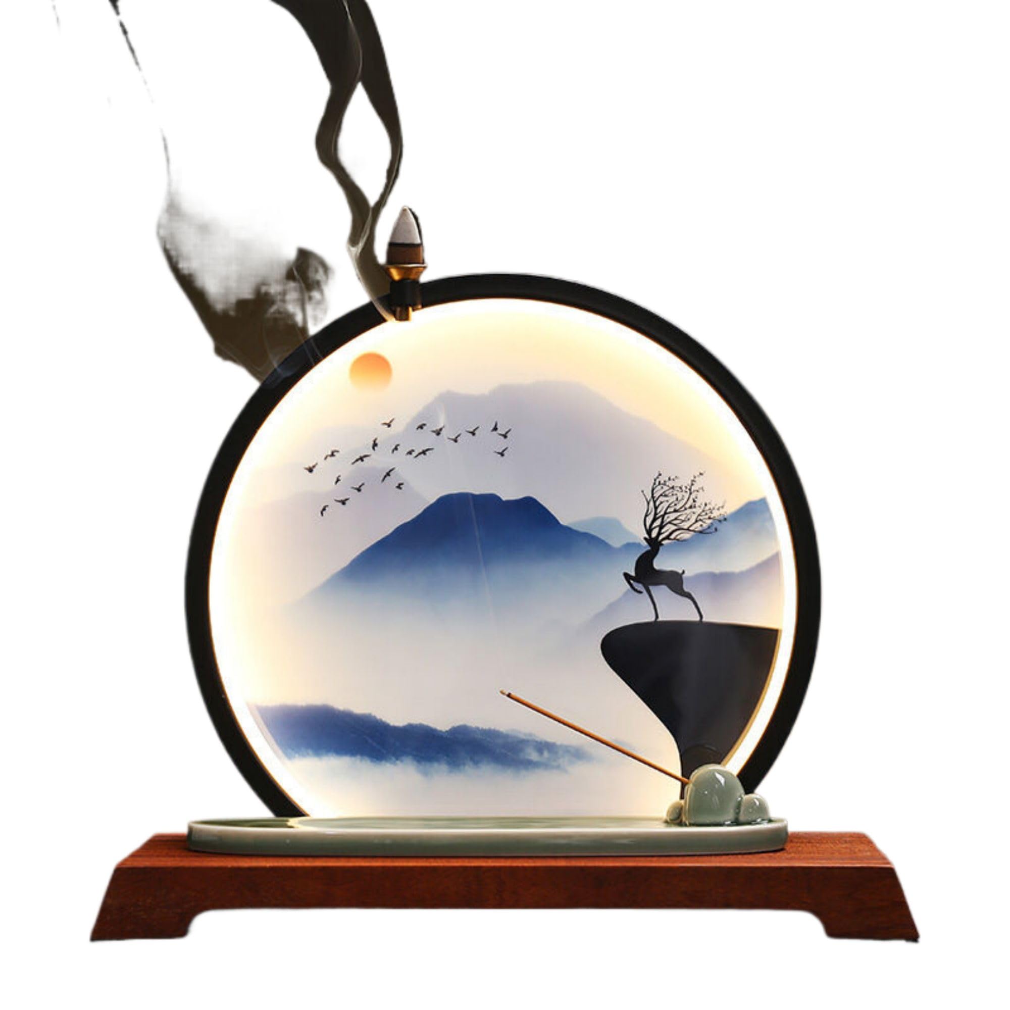 Backflow Incense Office Home Decoration,陶瓷家居倒流香炉 Incense Holder,Natural Incense Burner for Meditation LED灯圈摆件 创意线香插客厅办公室桌面摆件 Leisure gifts-153