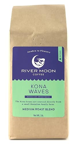 River Moon Coffee, Café molido Kona, tostado medio, 16 onzas, mezcla hawaiana Kona Waves, cultivado de forma sostenible, 100% arábica
