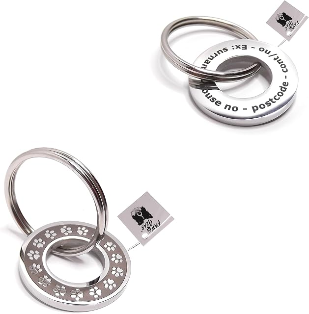 Pet ID Tag Dog Personalised Engraved Polished Stainless Steel Round Donut Paws Design by PawGear - Small