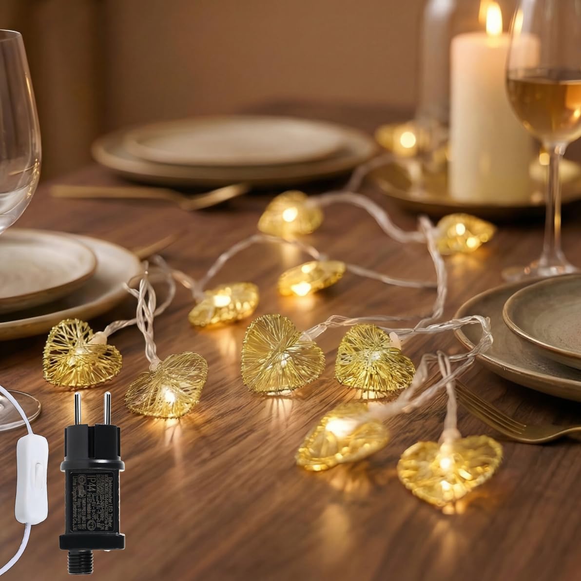 Herz Lichterkette, 6M 20LED Lichterketten Innen - Valentinstag Gold Herz LED Lichterkette Strom für Party Hochzeit Tisch Zimmer Valentinstag Weihnachten Deko