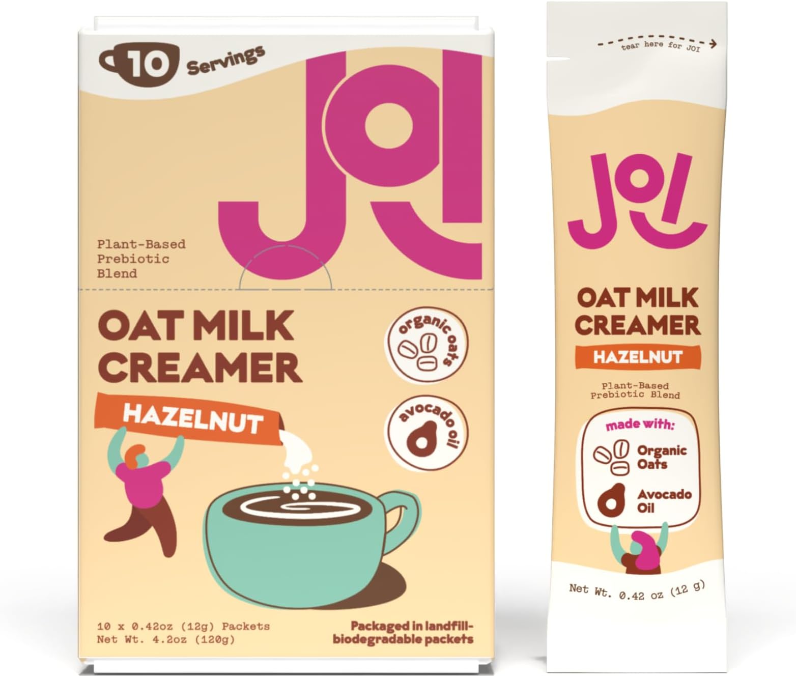 JOI Oat Milk Coffee Creamer, Hazelnut. 10ct Biodegradable Single Serves. Non-Dairy, Functional Prebiotic Superfood, Vegan, Dairy Free, Plant Based, Kosher, Non-GMO, Shelf-Stable, Barista, Fortified with Calcium. Use in Coffee or Protein Shakes. Travel Packs. Low Sugar. Contains Organic, Glyphosate-free Oats and Avocado oil. Zero Gums, Perservatives, or Seed Oils.