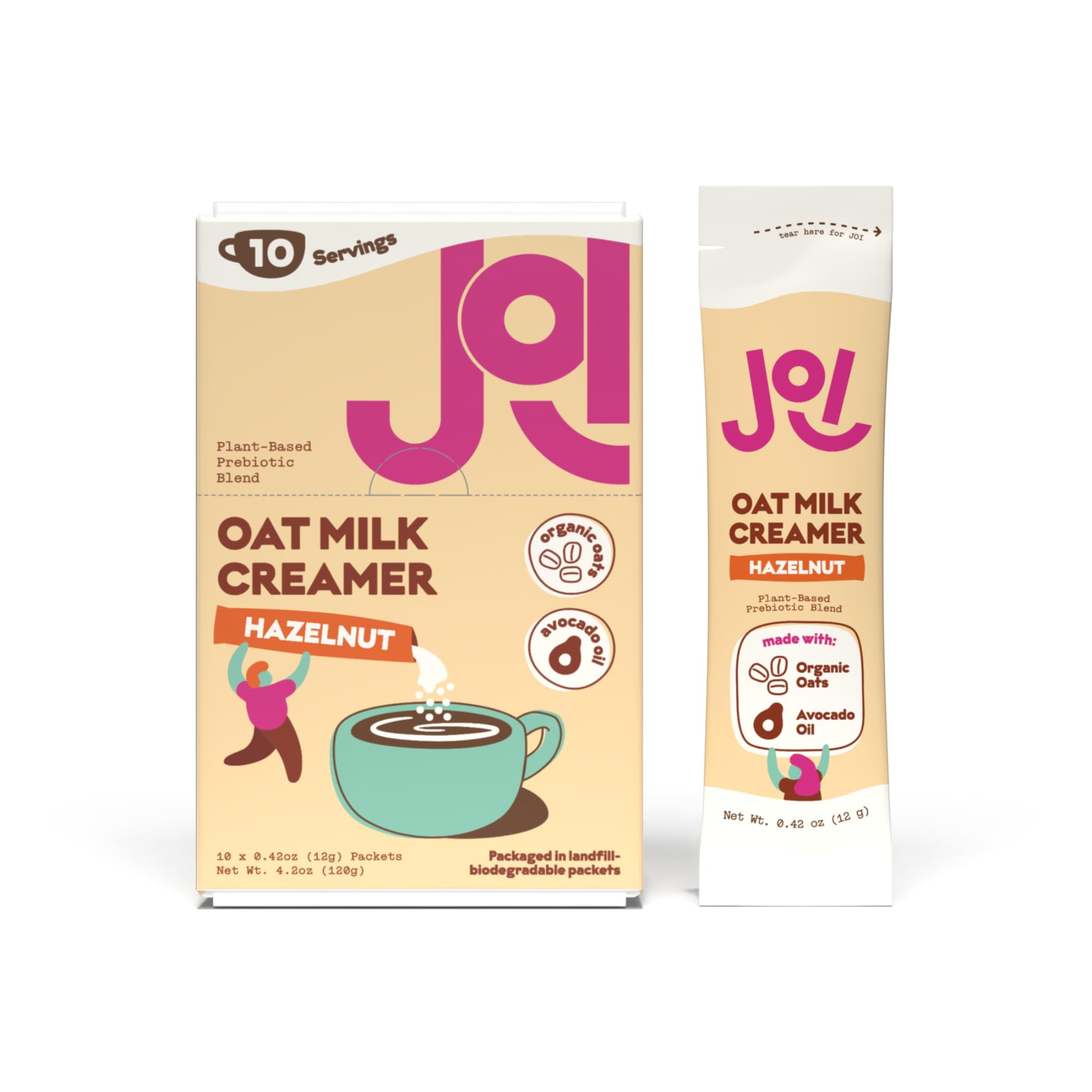 JOI Oat Milk Coffee Creamer, Hazelnut. 10ct Biodegradable Single Serves. Non-Dairy, Functional Prebiotic Superfood, Vegan, Dairy Free, Plant Based, Kosher, Non-GMO, Shelf-Stable, Barista, Fortified with Calcium. Use in Coffee or Protein Shakes. Travel Packs. Low Sugar. Contains Organic, Glyphosate-free Oats and Avocado oil. Zero Gums, Perservatives, or Seed Oils.