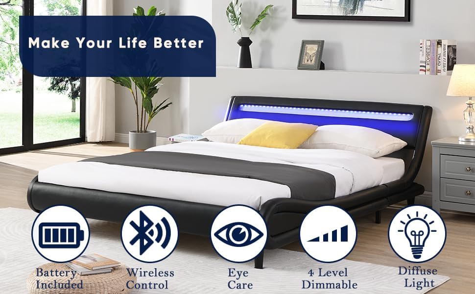 Miniatura 3 de Base de cama de plataforma tapizada moderna tamaño Queen con cabecero de luces LED, marco de cama de piel sintética con forma de ondas, aporta una