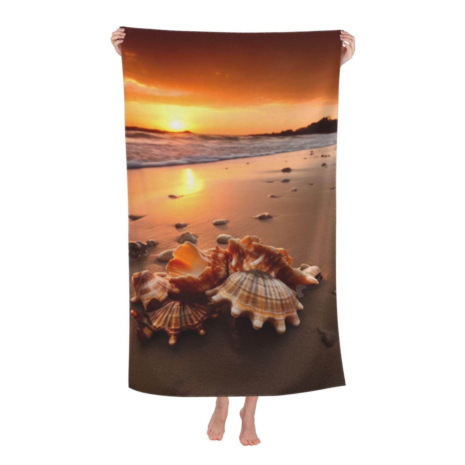BWWHCCTI Shell Beach Sunset Printed Quick Dry Bath Towel, Soft Microfiber Towels Fast Drying Beach Towels for Travel,Camping,Gym,Swimming,Yoga