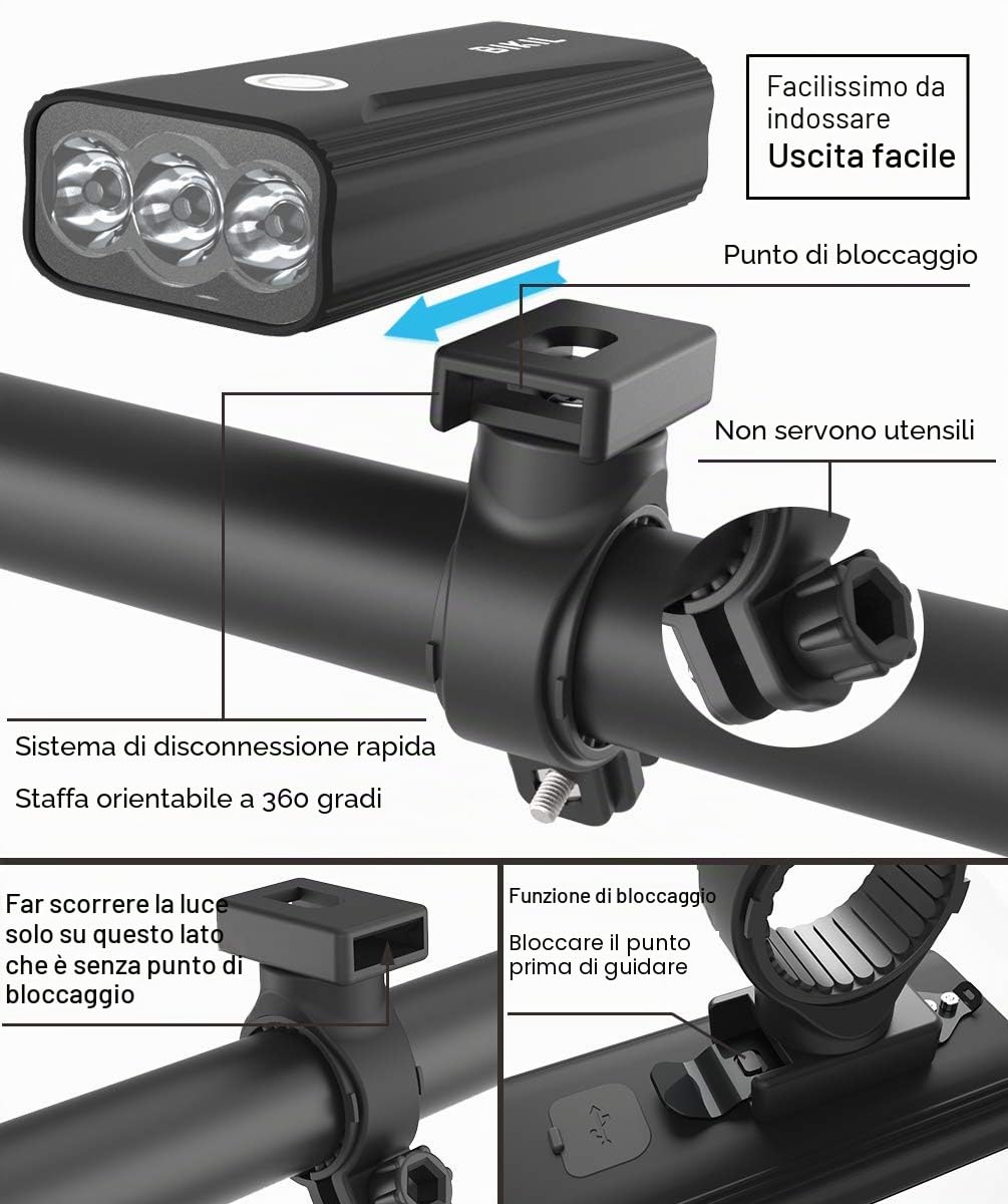 BIKIL luci bici led 6400mAh Ricaricabili USB C Luce Bici Anteriore e Posteriore potente 2400 Lumens Impermeabile IPX5 Set di luci per Bicicletta per Strada e Montagna