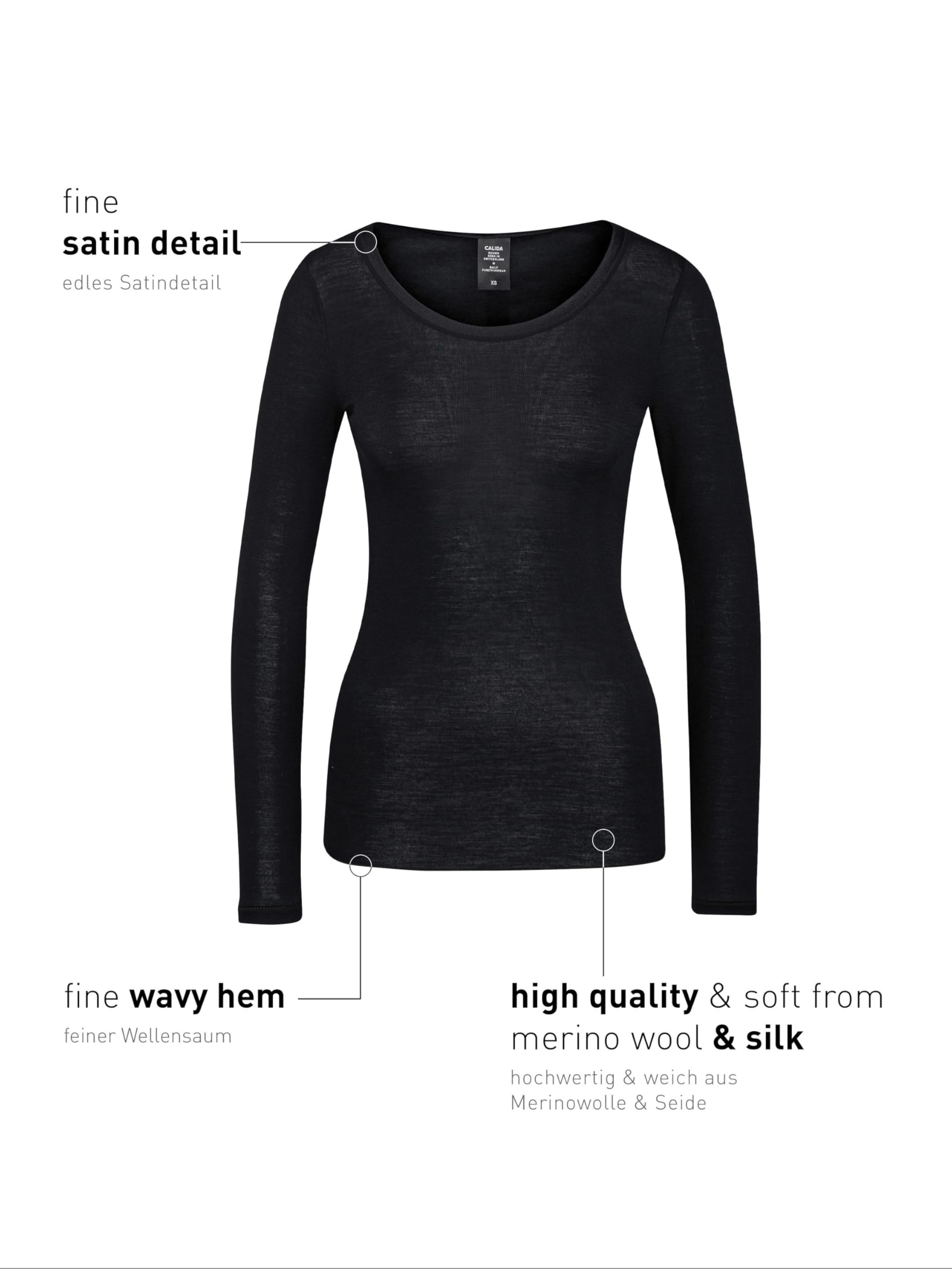 CALIDA True Confidence Langarmshirt Damen | aus Wolle-Seide, Feinripp, temperaturausgleichend, geruchshemmend