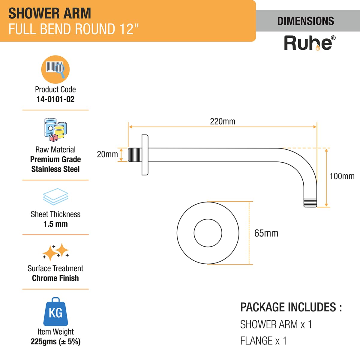 Ruhe® 12 Inches Premium Grade Stainless Steel Full Bend Round Shower Arm | Chrome Finish 1