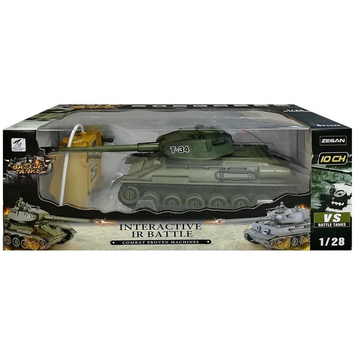 efaso Tanque teledirigido T-34 99815-27/40 MHz con función de disparo (simulación), sistema de combate por infrarrojos, torre giratoria con sonido y luz 1:28