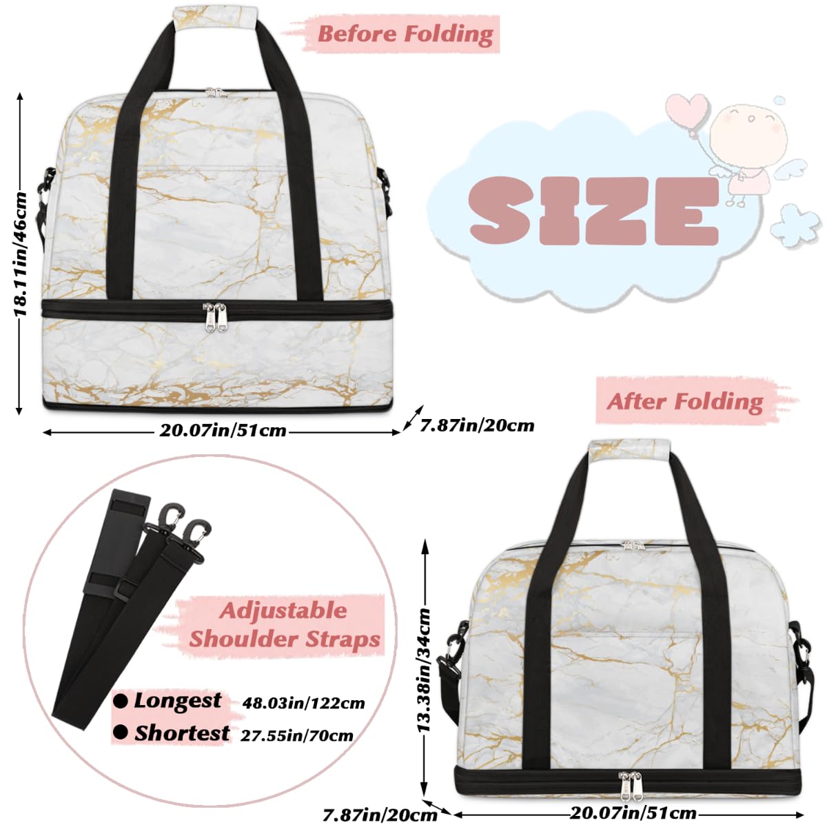 Bolsa de viaje plegable de mármol con estampado de mármol de 47 l, bolsa de fin de semana con manga de carrito bolsa de hombro separada húmeda para deportes, gimnasio, viajes, multicolor, 47L, Bolsa