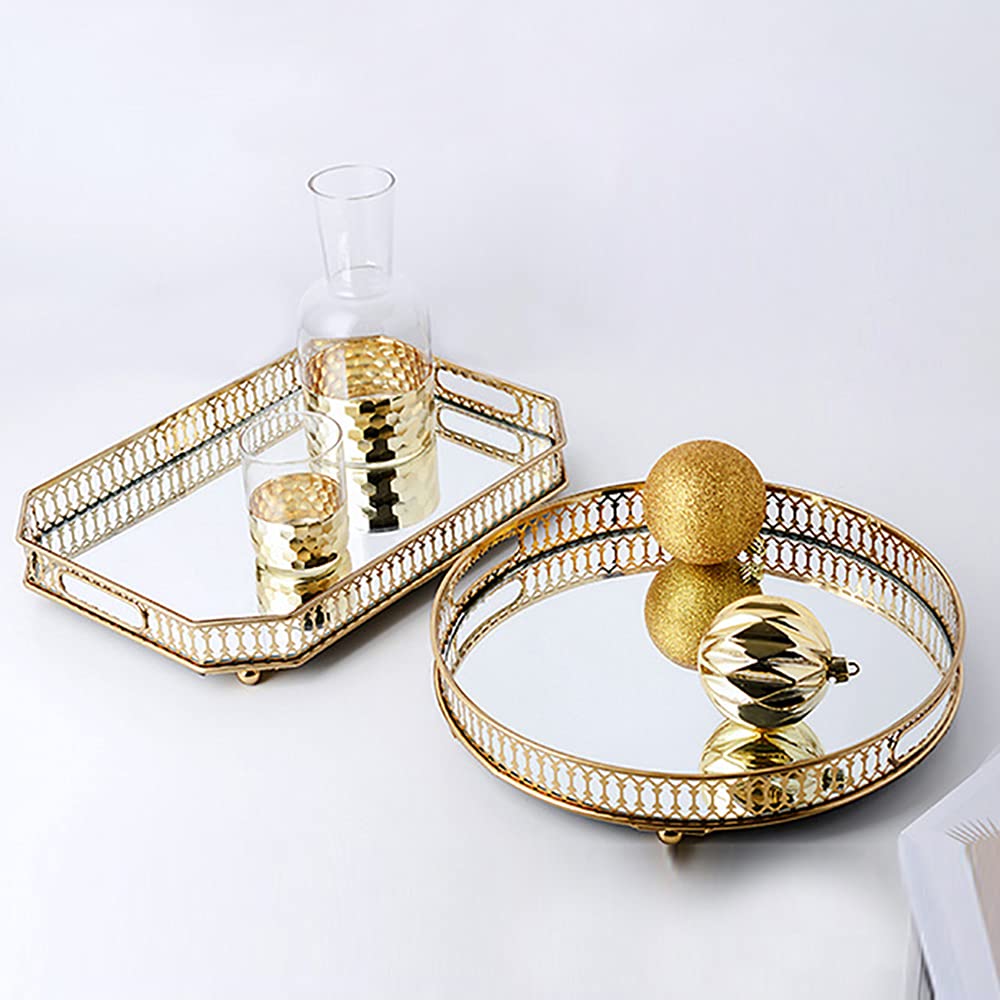 Perfume Tray Gold Mirror Tray, Vanity Tray, Glass Tray, Metal Decorative Dresser Tray, Large Size(US Stock) (Round)