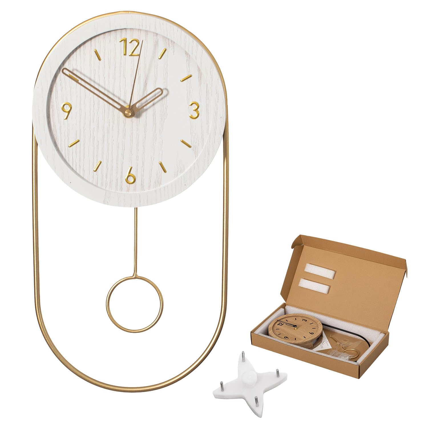 Clockswise 16-Inch Decorative Wall Clock Step Movement Mechanism Metal Frame Wooden Dial and Pendulum Design Battery-Operated Timepiece for Living Room Hallway or Office Décor, White