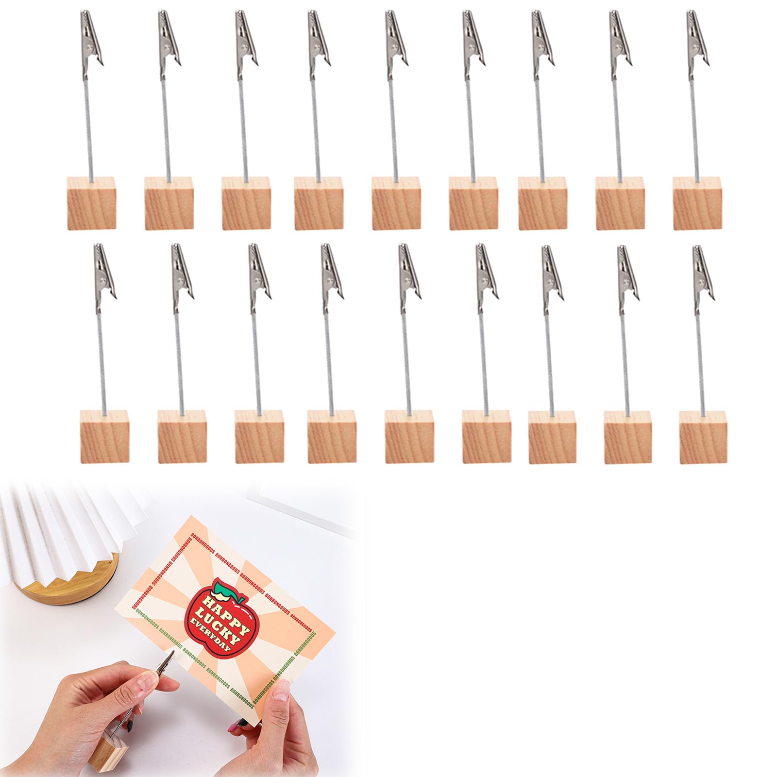 KARELLS Alligator Clips with Wooden Base, Memo Clip Holder, Picture Holder with Clips