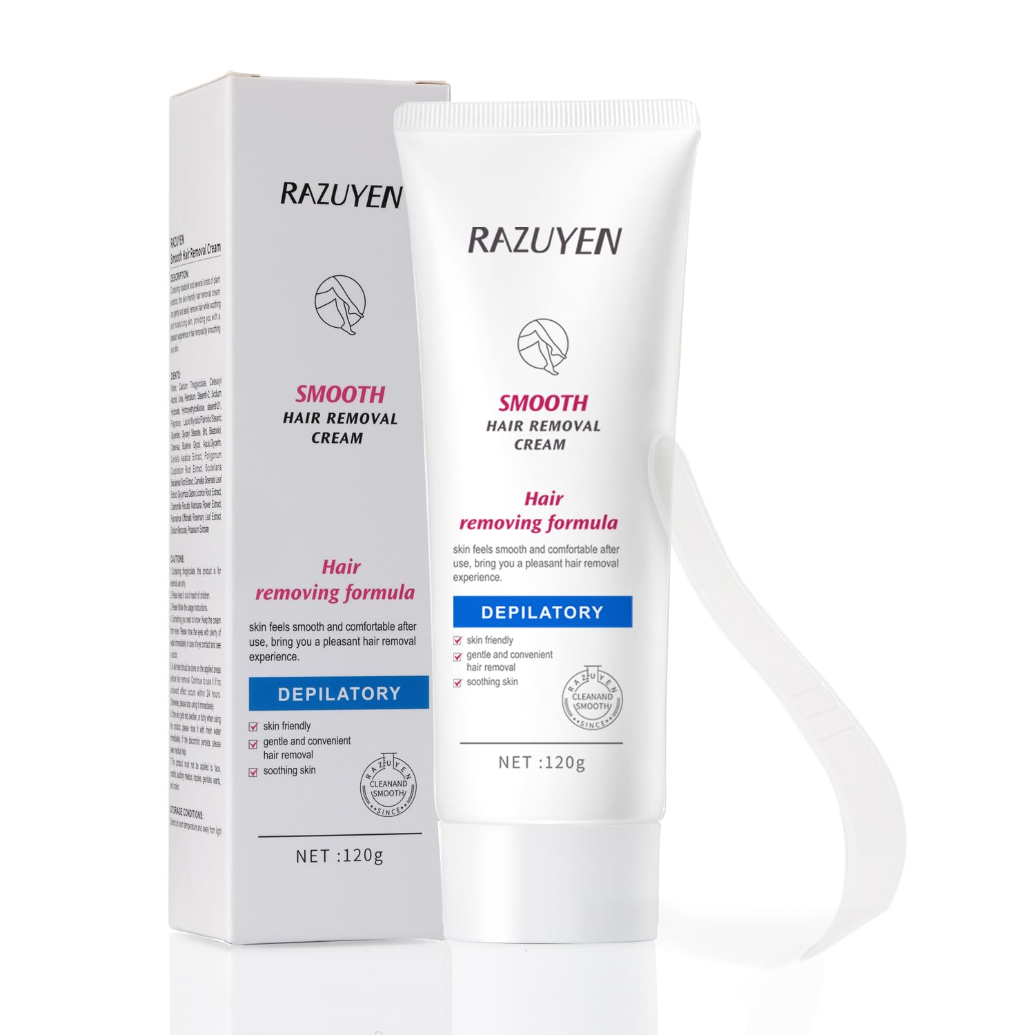 RAZUYEN Crema Depilatoria Mujer, Con Dosificador para Cuerpo y Piernas, con Centella Asiatica y Chamomilla para Pieles Sensibles, 120g