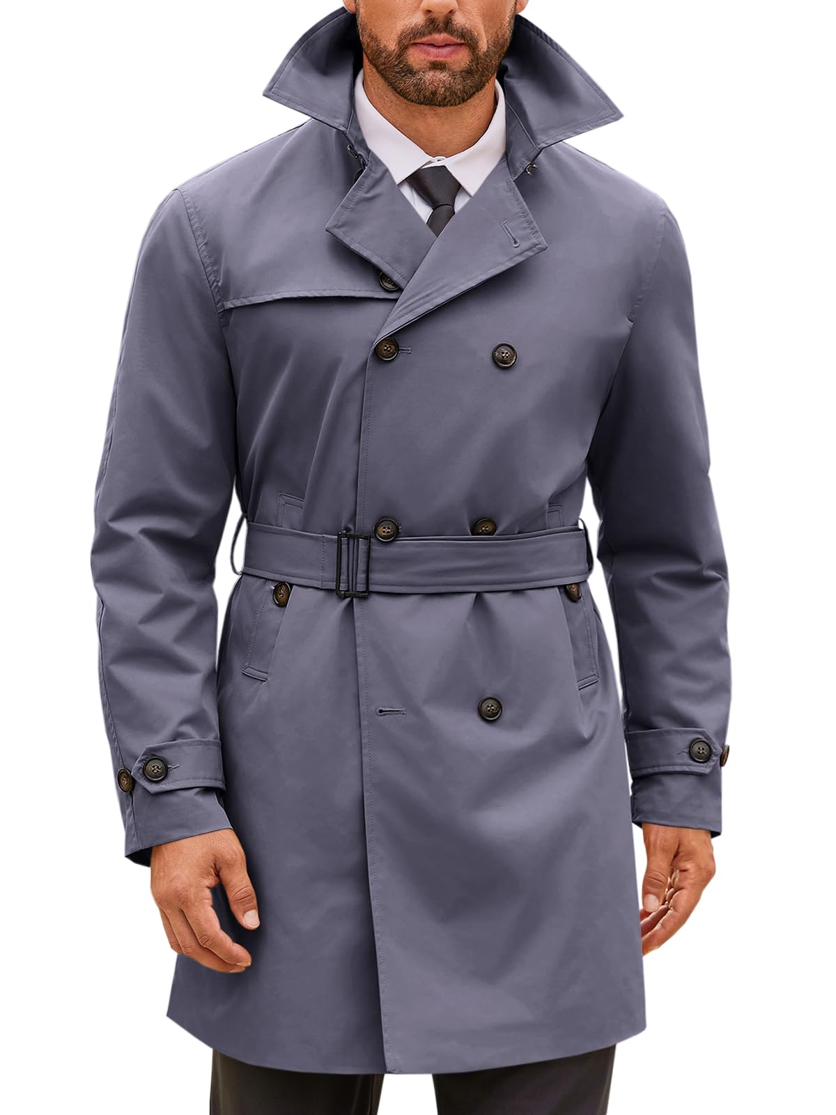 Runcati Mens Double Breasted Trench Coat Notched Lapel Windbreaker Jackets Causal Overcoat With Belt