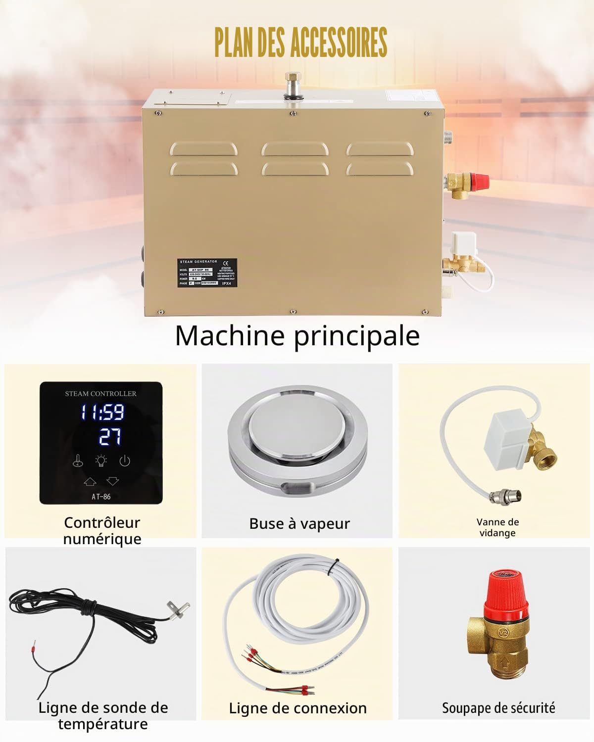 CGOLDENWALL 10.5KW Générateur de Vapeur 220V Automatique Drainage Commercial Maison pour Sauna/Douche/Bain/Spa, avec Contrôle Intelligent 25-55℃ pour 10.5m³(371ft³) Chauffage de l'espace