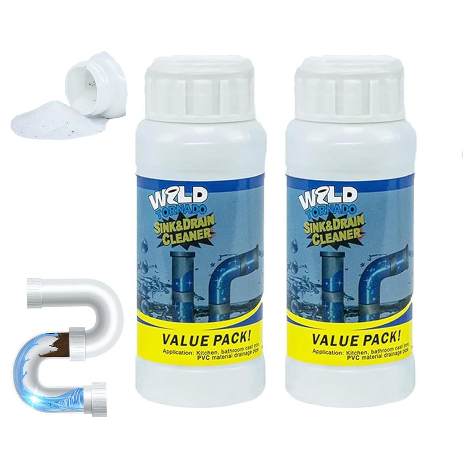 2pc Wild Tornado Sink and Drain Cleaner Powder - Powerful Pipe Dredge for Kitchen & Toilet, Drain Clog Remover, Pipeline Dredging Agent (2)