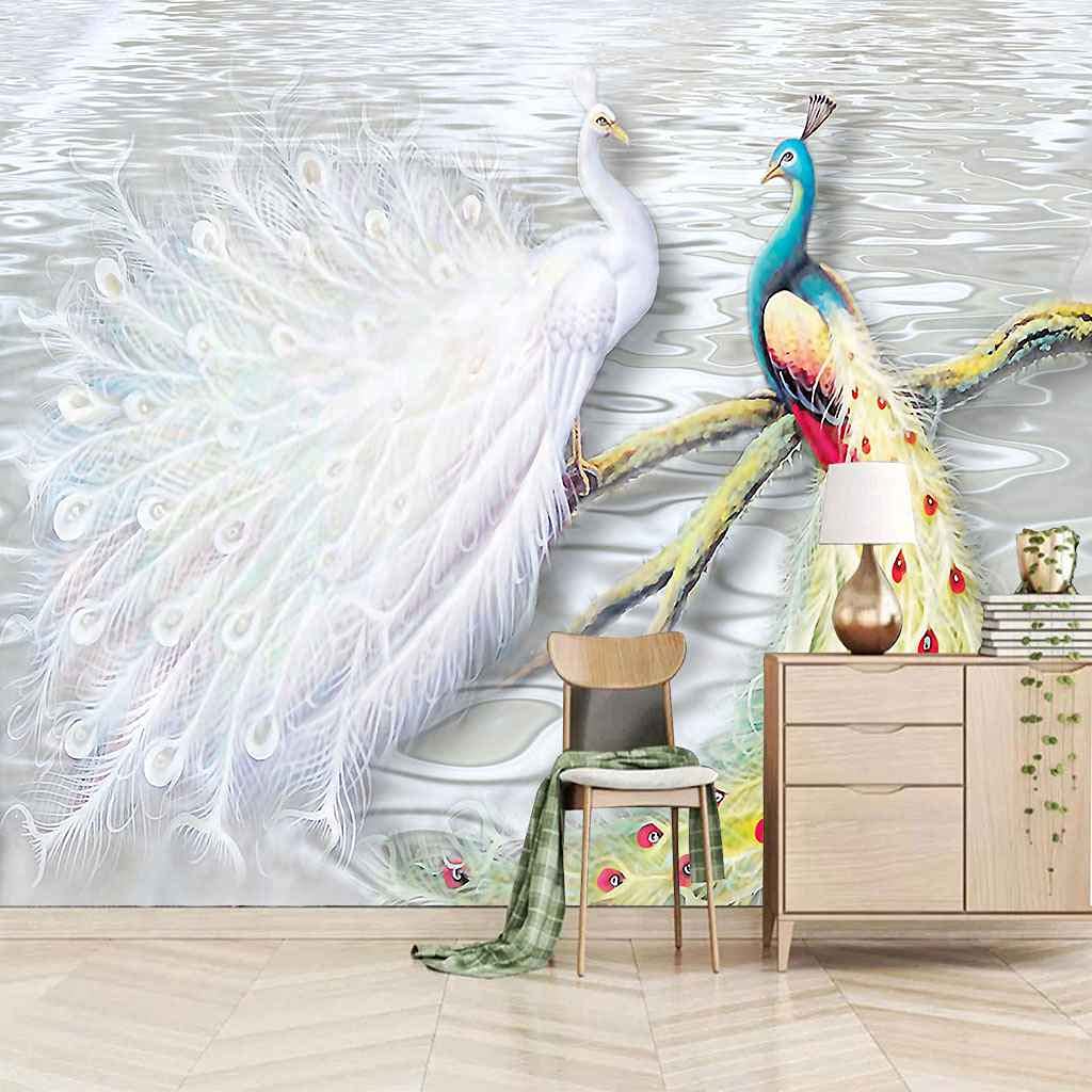Papier Peint Toile Panoramique 3D Paon Blanc Mural 350x256