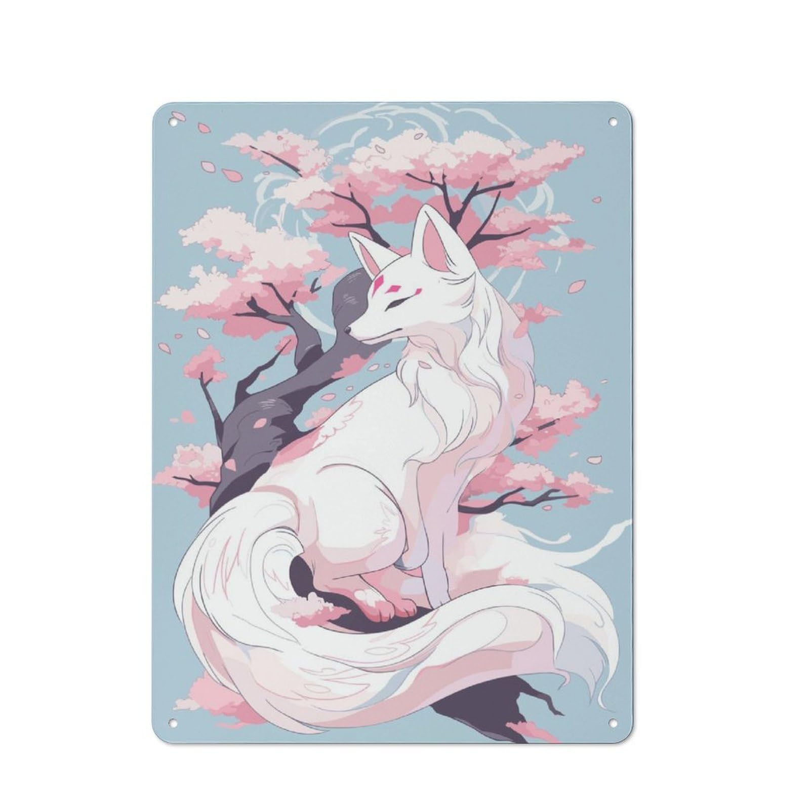 Junmoney White Kitsune Sakura Tree Vintage-Inspired Tin Sign 40X30cm For Living Room Wall, For Display In Living Rooms And Feature Walls